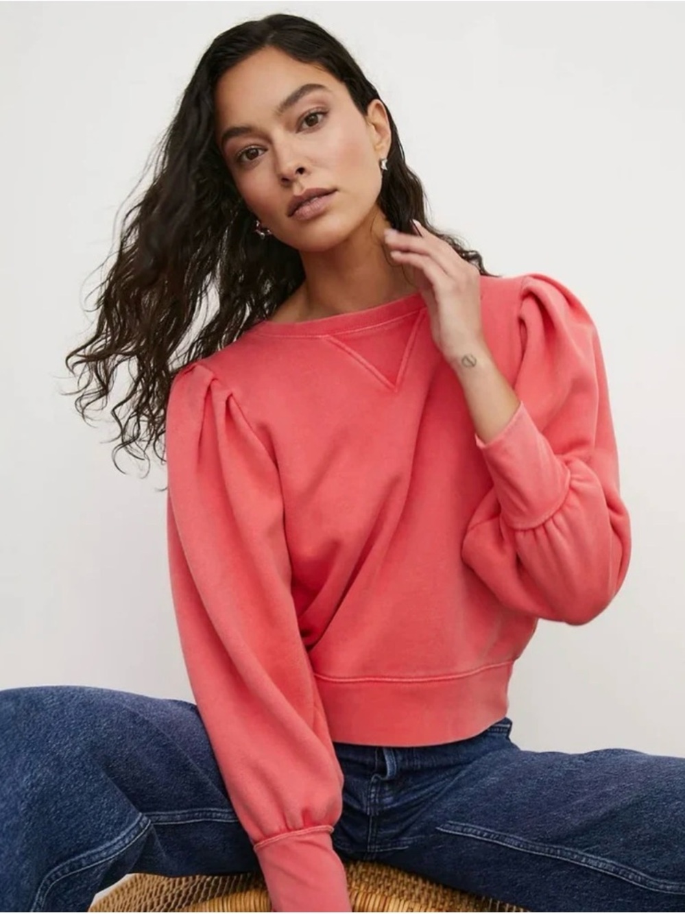 Rails Tiffany Coral Puff-Sleeve Crewneck Sweatshirt Size Small